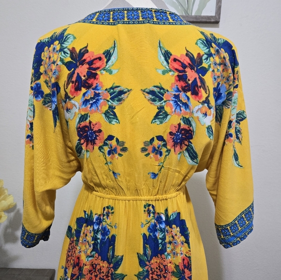 Flying Tomato Yellow Maxi Dress with Blue Peach Floral Print Size Large - Picture 6 of 11